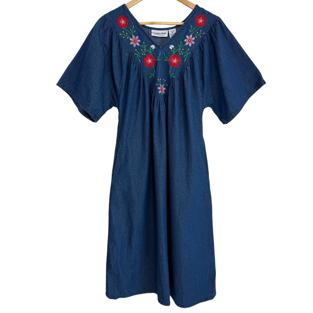 Country Store Embroidered Denim Dress Size M Midi Boho Prairie Cottagecore‎